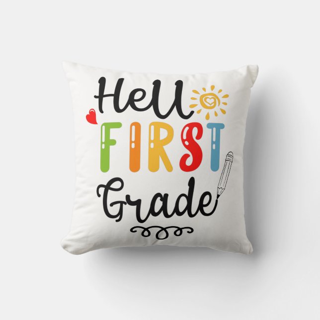 1/2- Hello First Grade Shirt, First Grade Student Throw Pillow (Front)