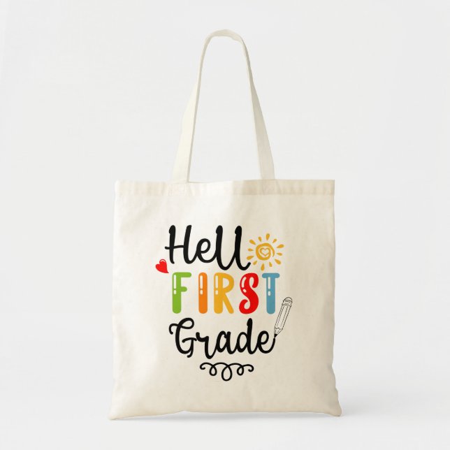 1/2- Hello First Grade Shirt, First Grade Student Tote Bag (Front)