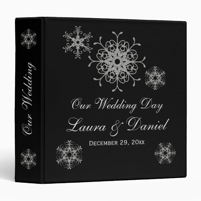 1.5" Black Silver Glitter Snowflake Wedding BINDER (Front/Spine)