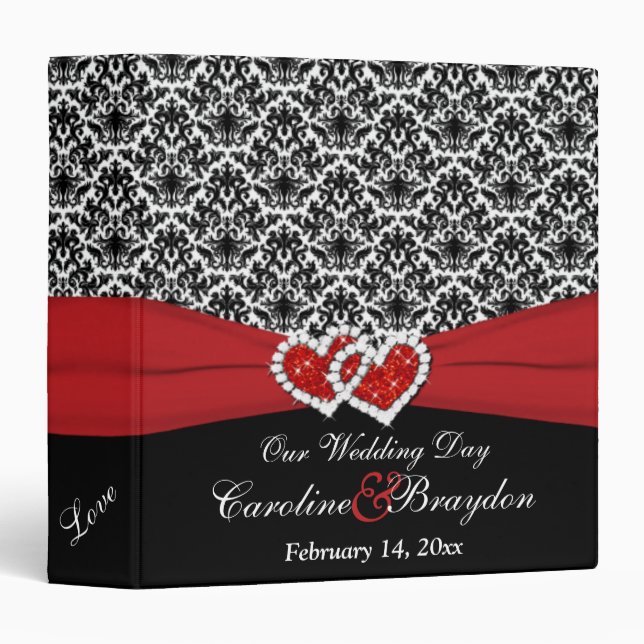 1.5" Black White Red Damask, Joined Hearts BINDER (Front/Spine)