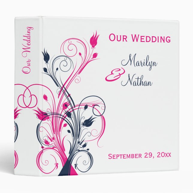 1,5" fuchsia, marine, classeur floral blanc de (Devant/Côté)
