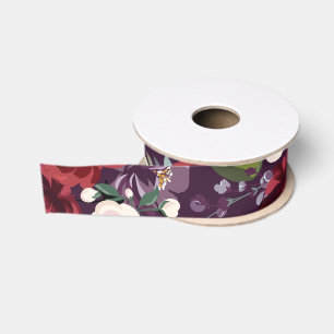 1.5" Grosgrain Ribbon Plum Purple Roses Gold Geome