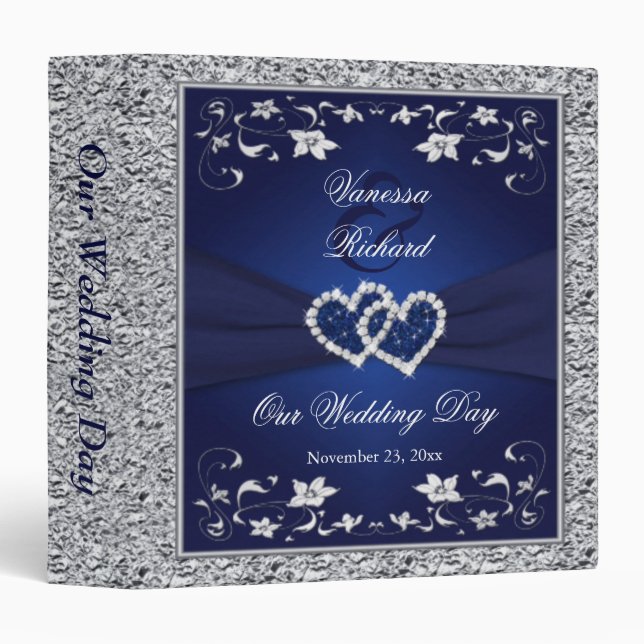1.5" Navy Silver Floral Hearts Wedding Binder (Front/Spine)