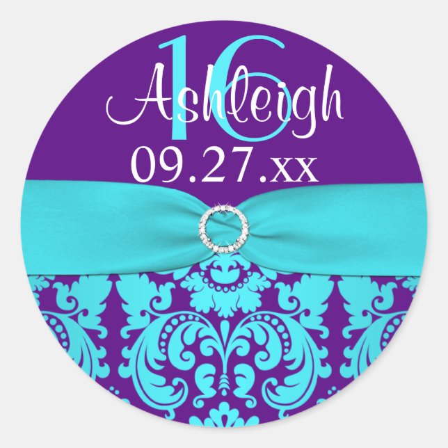 1.5" Purple, Turquoise Damask Sweet 16 Sticker (Front)