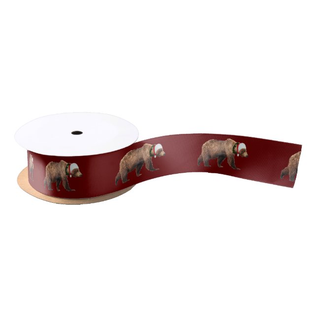 1.5" Satin Christmas ribbon of grizzly bear Satin Ribbon (Spool)