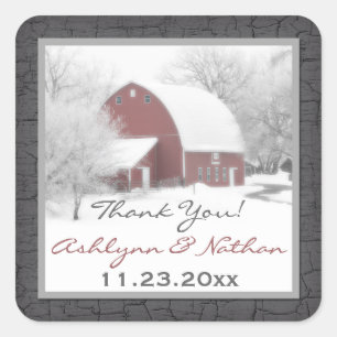 1.5" Sq. Red Barn in Winter Wedding Favour Sticker