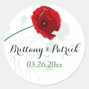 1.5" Wedding Sticker Red Poppy Black, Green