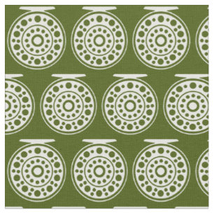 1.5" White Fly Fishing Reel Art on Green Fabric