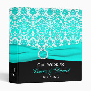 1" Aqua, Black, and White Damask Wedding Binder