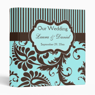 1" Aqua, Brown, White Stripe Damask Wedding Binder