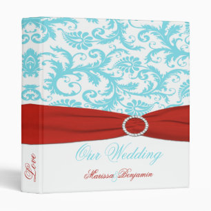 1" Aqua, Red, and White Damask Wedding Binder