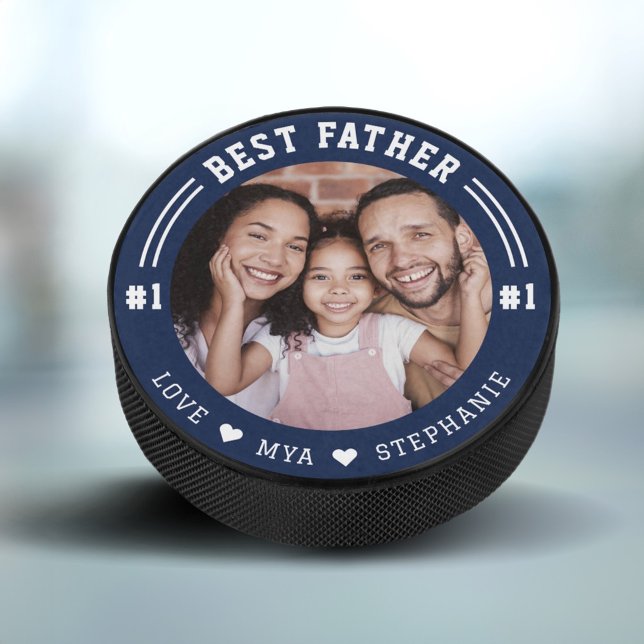 #1 Best Father Photo Keepsake Custom Photo & Names Hockey Puck (#1 Best Father Photo Keepsake Custom Photo & Names Navy Blue Hockey Puck)