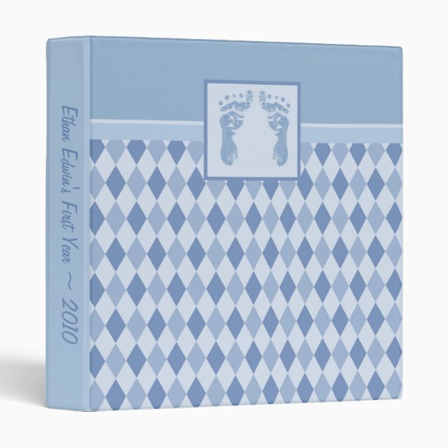 1" Blue Argyle Baby Foot Prints Photo Binder Scrap (Front/Spine)