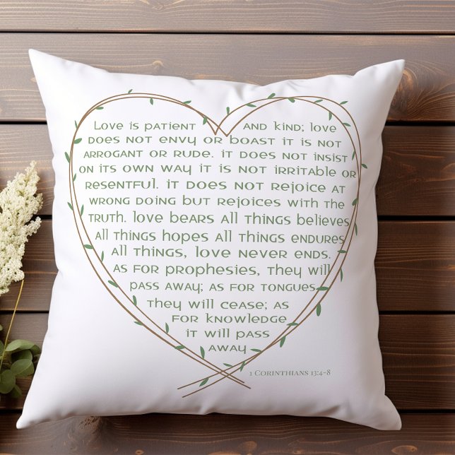 1 Corinthians 134 Love is Patient Green Vine Heart Throw Pillow (Creator Uploaded)