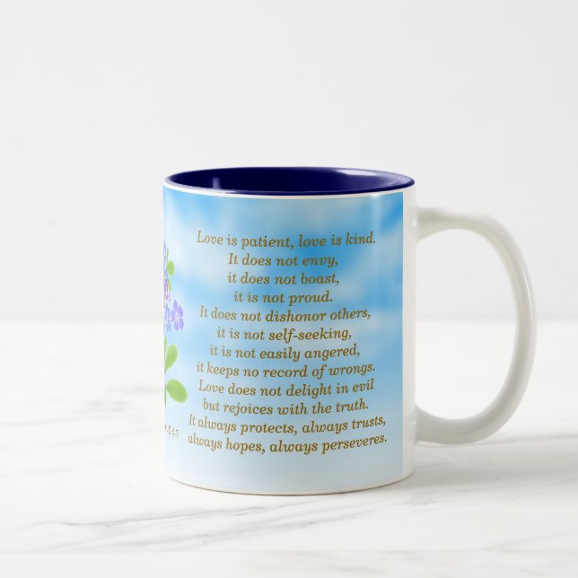 1 Corinthians 13:4-7 Forget Me Nots Bible Verse Mu Two-Tone Coffee Mug (Right)