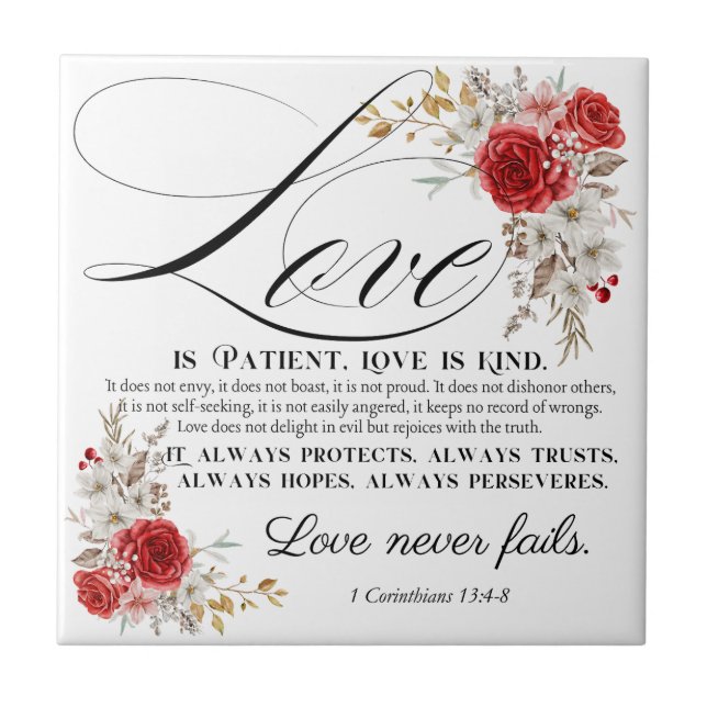1 Corinthians 13:4-8 Love is Patient Bible Floral Tile (Front)