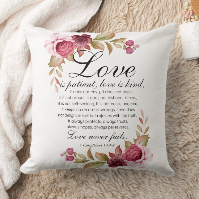 1 Corinthians 13:4-8 Love is Patient Floral Bible Throw Pillow (Blanket)