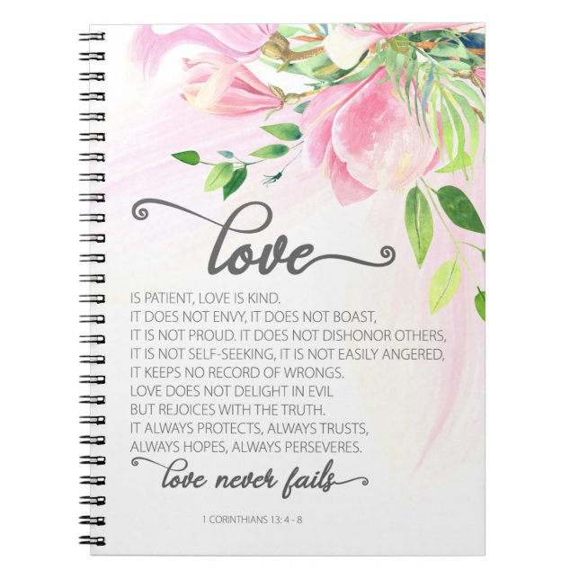 1 Corinthians 13:4-8 Love is Patient Pink Magnolia Notebook (Front)