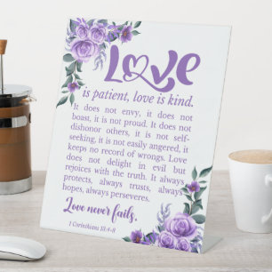 1 Corinthians 13:4-8 Love is Patient Purple Floral Pedestal Sign