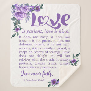 1 Corinthians 13:4-8 Love is Patient Purple Floral Sherpa Blanket