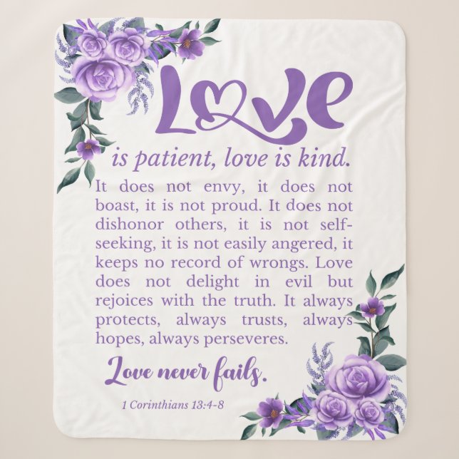1 Corinthians 13:4-8 Love is Patient Purple Floral Sherpa Blanket (Front)