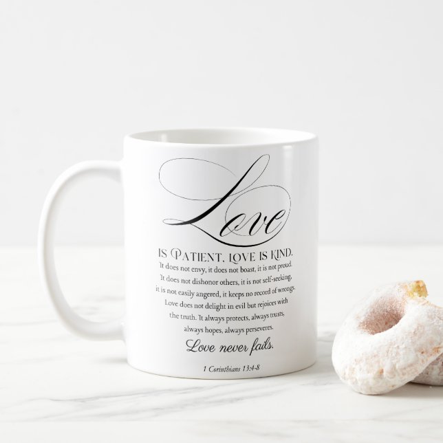 1 Corinthians 13:4-8 Love is Patient Wedding Verse Coffee Mug (With Donut)