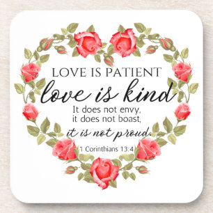 1 Corinthians 13:4 Love is Patient Floral Heart Coaster