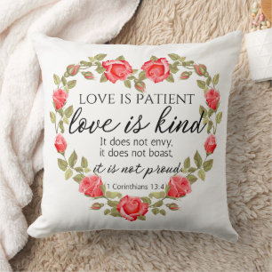 1 Corinthians 13:4 Love is Patient Floral Heart Throw Pillow