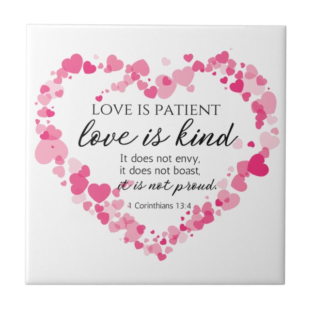 1 Corinthians 13:4 Love is Patient Pink Hearts Tile (Front)