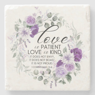 1 Corinthians 13:4 Love is Patient Violet Floral Stone Coaster