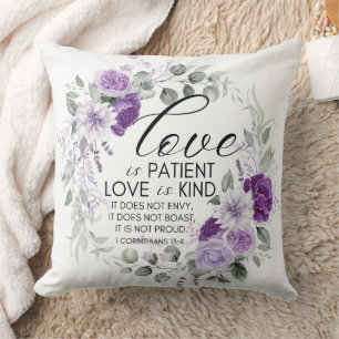 1 Corinthians 13:4 Love is Patient Violet Floral Throw Pillow