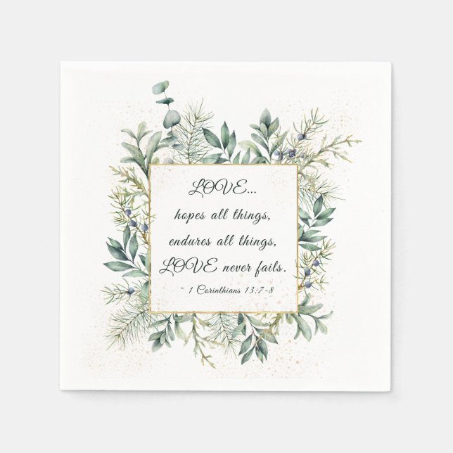1 Corinthians 13:7-8 Elegant Winter Greenery Napkin (Front)