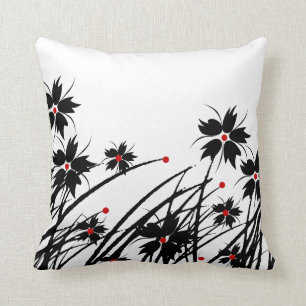 1 Coussin Carré Floral Rouge Noir Blanc