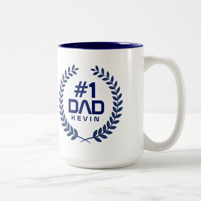 #1 DAD Navy Blue Wreath Custom Name Two-Tone Coffee Mug (Right)