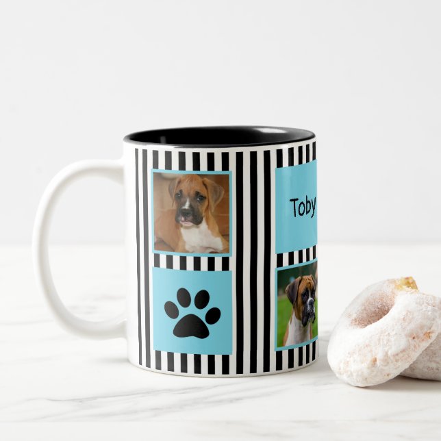 #1 Dog Dad Photo Collage Black and White Stripe Two-Tone Coffee Mug (With Donut)