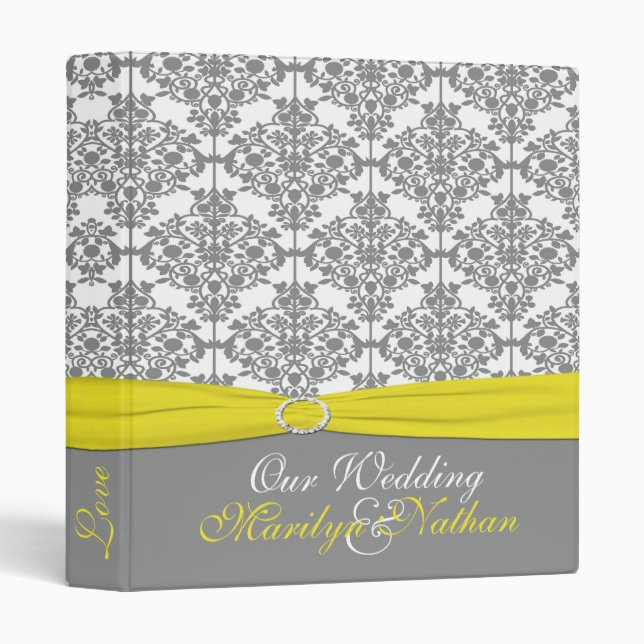 1" Grey Damask with Yellow Wedding Binder (Front/Spine)