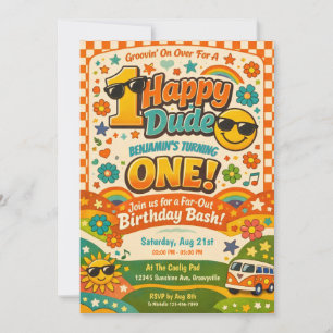 1 Hapy Dude Retro Vintage Style 1st Birthday Invitation