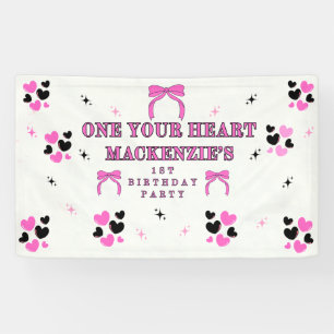 1 HEART BLACK PINK 3X5 VINYL GIRLS 1ST BIRTHDAY BANNER