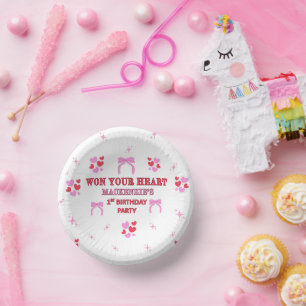 1 HEARTS HAPPY BIRTHDAY GIRL 7" ROUND WHITE PINK PAPER PLATE