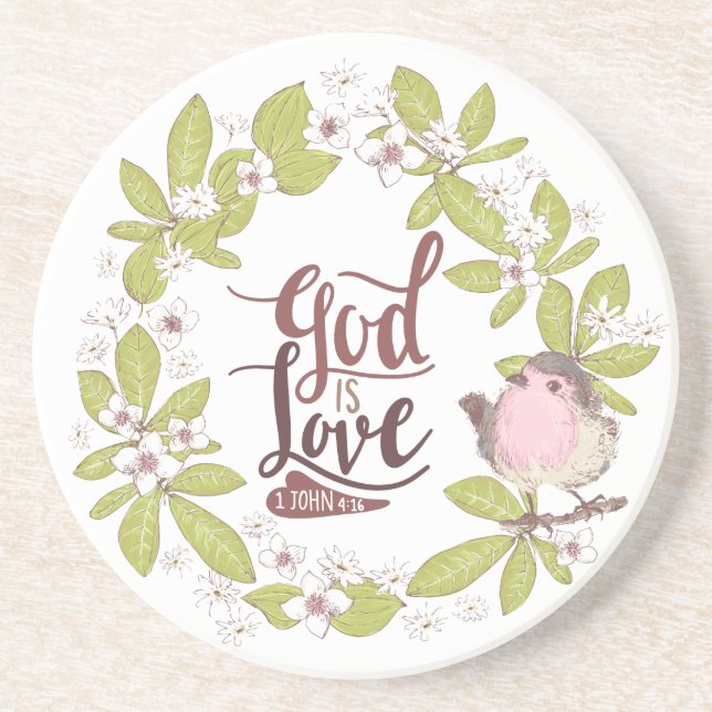 1 John 4:16 God is Love Floral Wreath Cute Bird Coaster (Front)