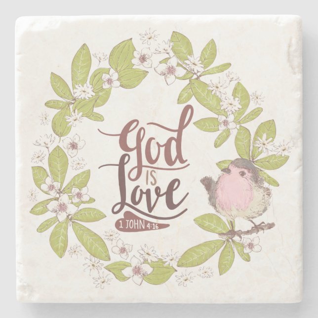1 John 4:16 God is Love Floral Wreath Cute Bird Stone Coaster (Front)