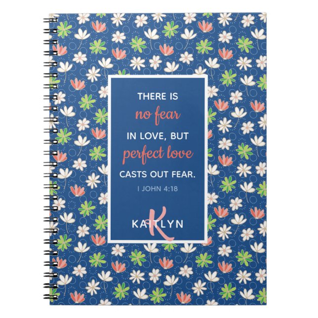 1 John 4:18 Blue Ditsy Floral Pattern Notebook (Front)