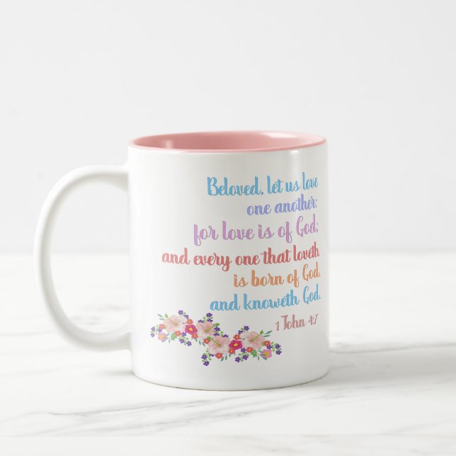 1 John 4:7 Bible Verse Rainbow Text Two-Tone Coffee Mug (Left)