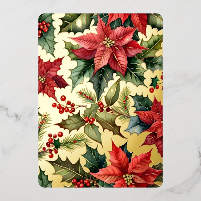 1 Large Vertical Photo Poinsetti Gold Foil Holiday Card (Front)