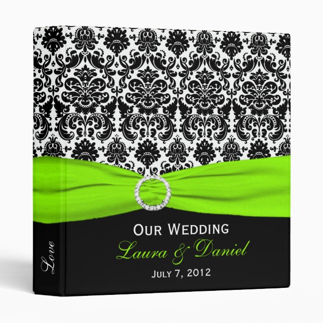 1" Lime, Black, and White Damask Wedding Binder (Front/Spine)