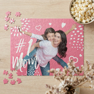 #1 Mom Full Photo, Hearts & Dot Pattern Jigsaw Puzzle