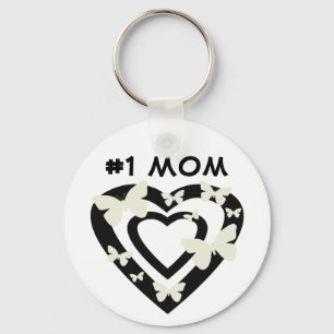 #1 Mom, open hearts, white butterflies Keychain