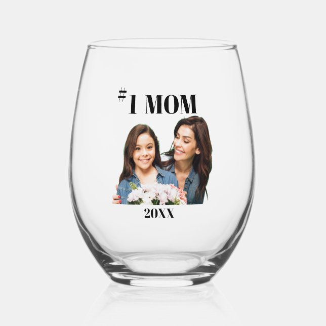 #1 Mom/Photo Stemless Wine Glass (Front)