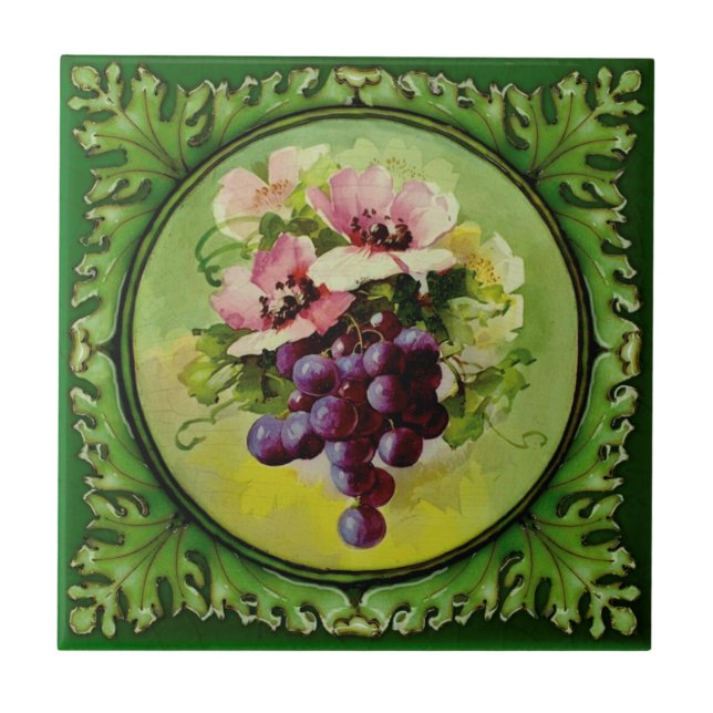 1 of 2 Handpainted Floral Grapes Godwin 1900 Repro Tile (Front)
