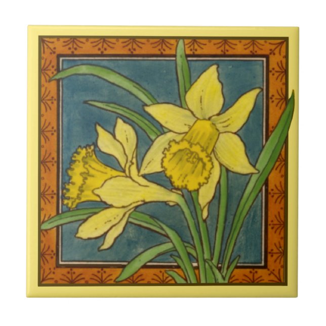1 of 8 repro Victorian Maw daffodil transferware Tile (Front)